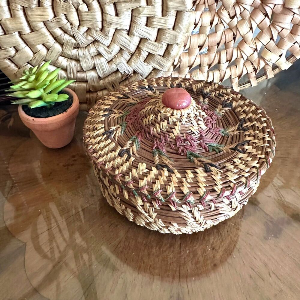 Vintage Pine Needle Coiled Basket w/ Lid, Native American Coushatta Style